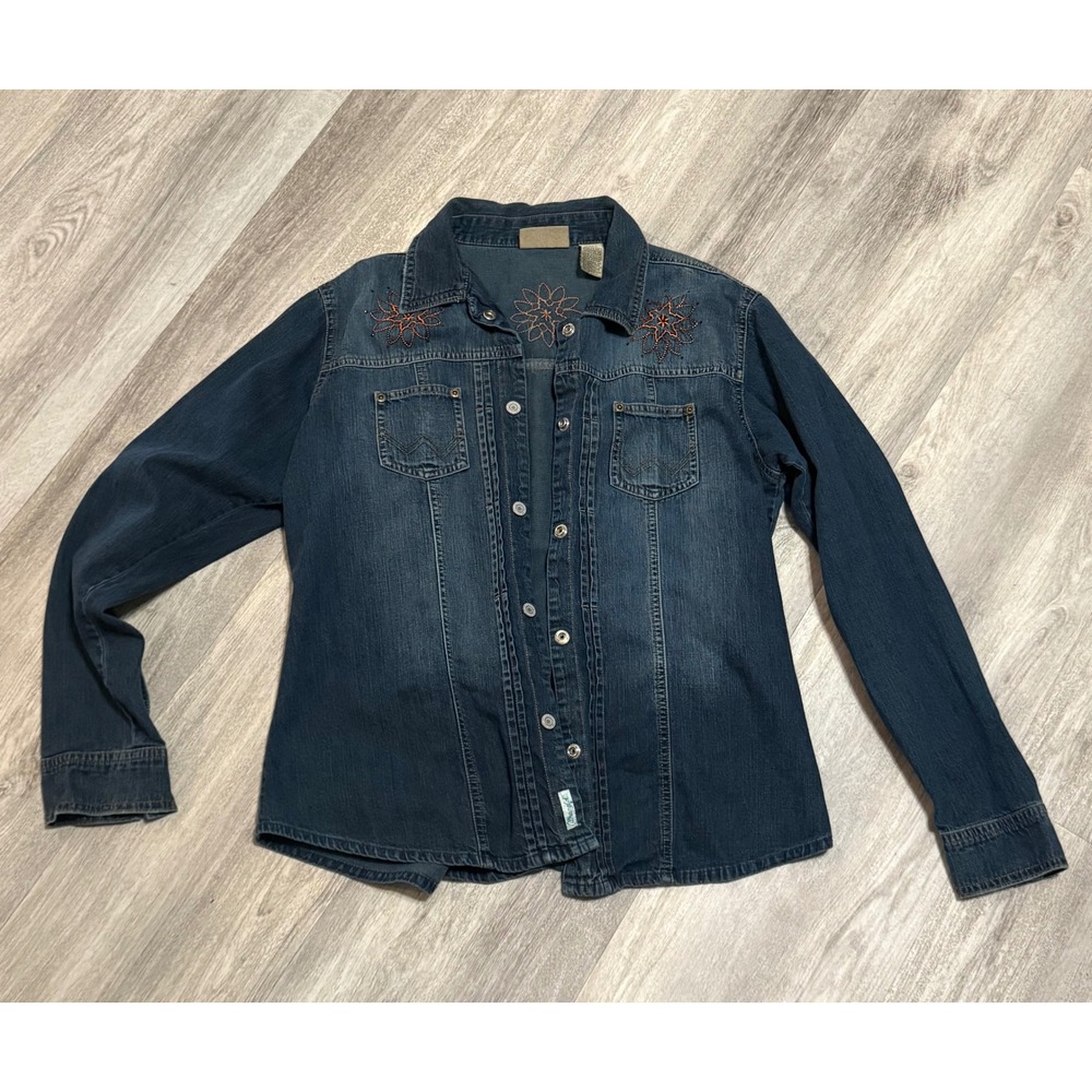 Wrangler L/G Women's Denim Embroidered Snap Up Western Shirt Long Sleeve